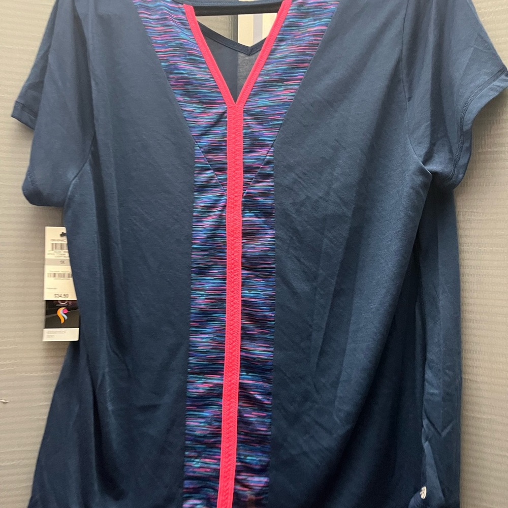 Short Sleeve Relaxed Blouse in Dark Navy Blue and Pink